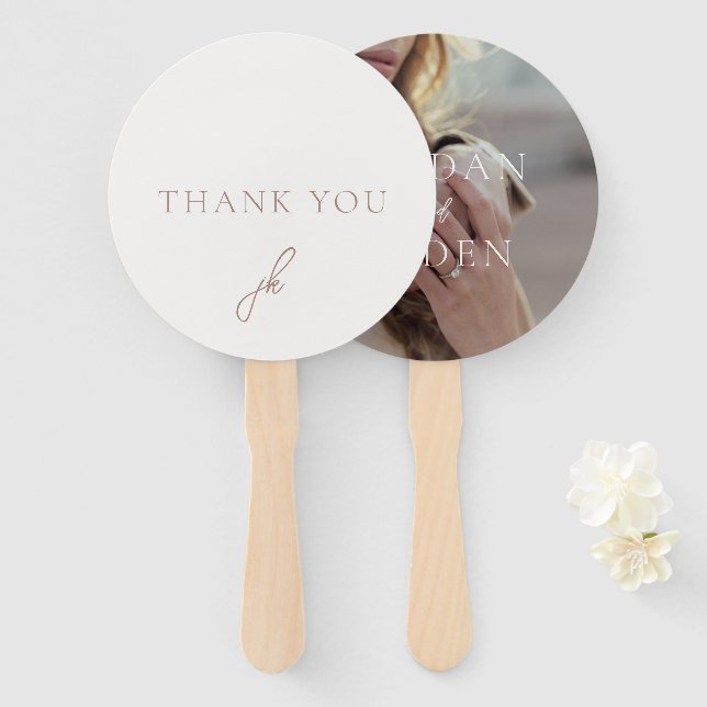 Elegant Earthy Neutral Script Monogram Wedding Hand Fan (Front and Back)