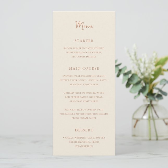 Elegant Earthy Neutrals Modern Wedding Menu (Standing Front)