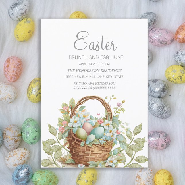 Elegant Easter Basket Brunch Egg Hunt  Invitation (Easter basket and eggs Easter greeting card)