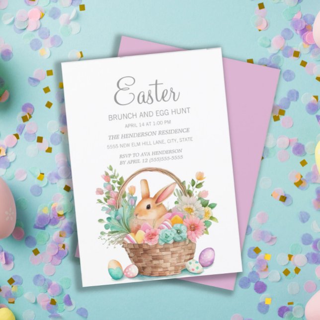 Elegant Easter Basket Bunny Brunch Egg Hunt  Invitation (Easter bunny in basket Easter greeting card.)