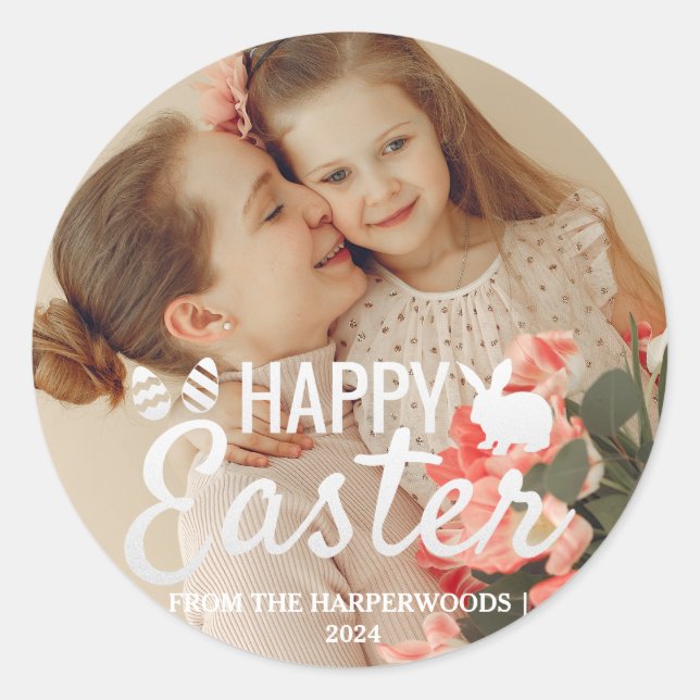 Elegant Easter Blessings Easter Eggs Family photo Classic Round Sticker (Front)
