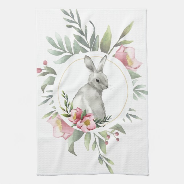 Elegant Easter Bunny Floral Tea Towel (Vertical)