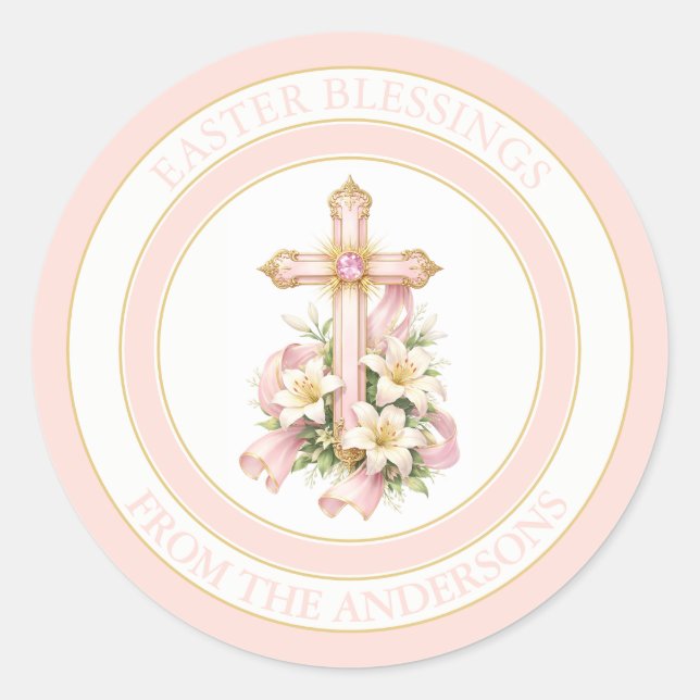 Elegant Easter Cross & Lilies Design  Classic Round Sticker (Front)