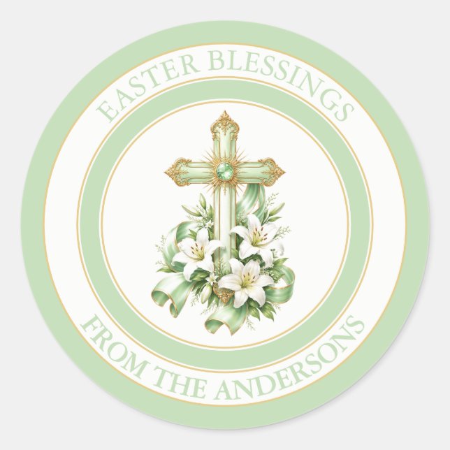 Elegant Easter Cross & Lilies Design  Classic Round Sticker (Front)