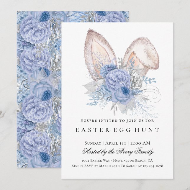 Elegant Easter Egg Hunt Floral Blue Invitation (Front/Back)
