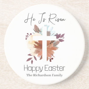 Elegant Easter Floral Calligraphy Christian Cross Coaster