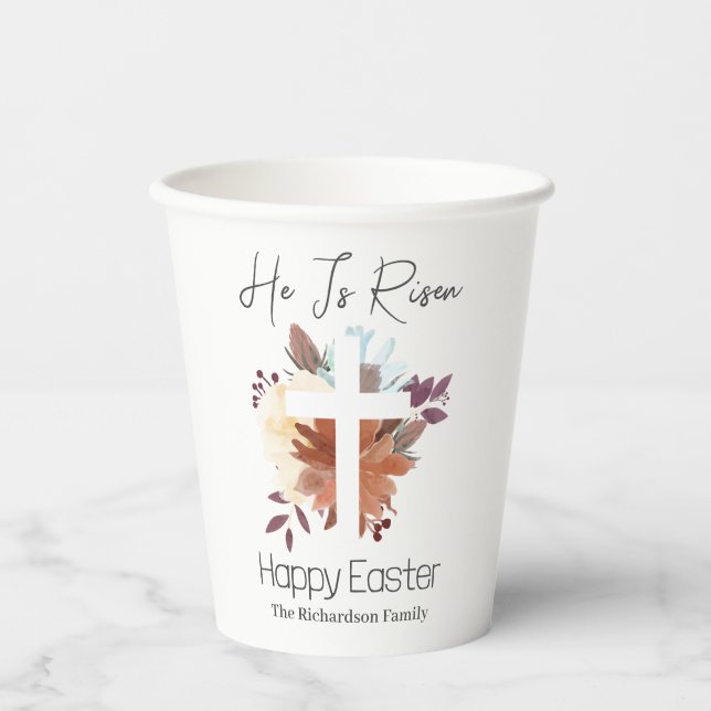  Elegant Easter Floral Calligraphy Christian Cross Paper Cups (Front)