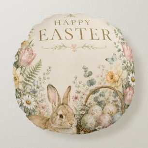 Elegant Easter Greeting,Blue White Porcelain style Round Cushion