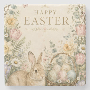 Elegant Easter Greeting,Blue White Porcelain style Stone Coaster