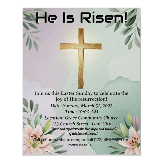 Elegant Easter Poster with Golden Cross and Lilies (Front)