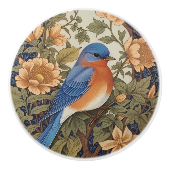 Elegant Eastern Bluebird William Morris Inspired Ceramic Knob (Front)