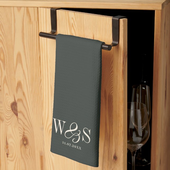 Elegant ebony initial wedding couples tea towel (Thirds Fold)