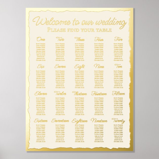 Elegant Ecru Luxe Gold Edge 20 Table Seating Chart (Front)