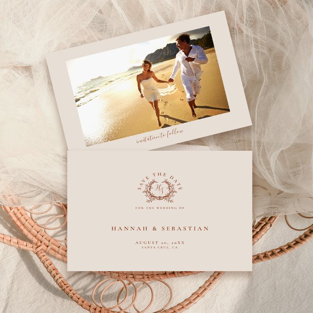 Elegant Ecru Monogram Crest Wedding Photo Save The Date (Creator Uploaded)