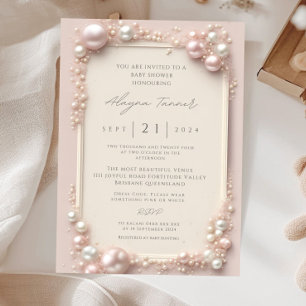 Elegant Editable Blush Pink and White Pearls Baby  Invitation