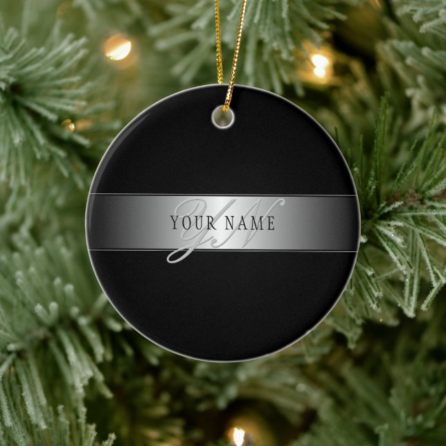 Elegant Editable Monogram Script Writing | Black Ceramic Tree Decoration (Tree)