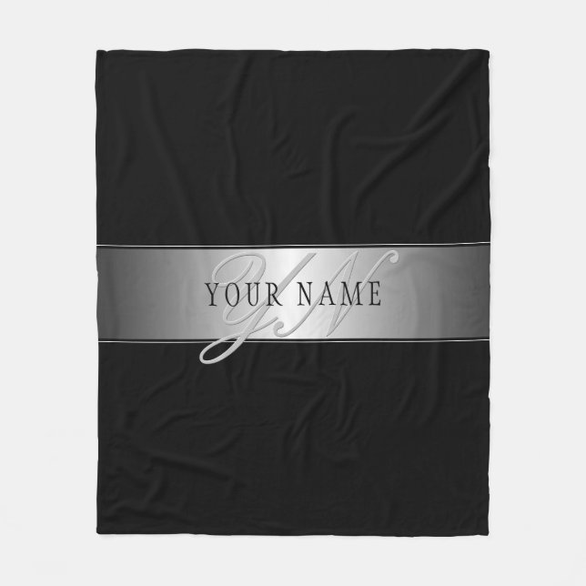 Elegant Editable Monogram Script Writing | Black Fleece Blanket (Front)