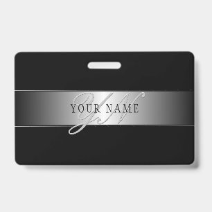 Elegant Editable Monogram Script Writing   Black ID Badge