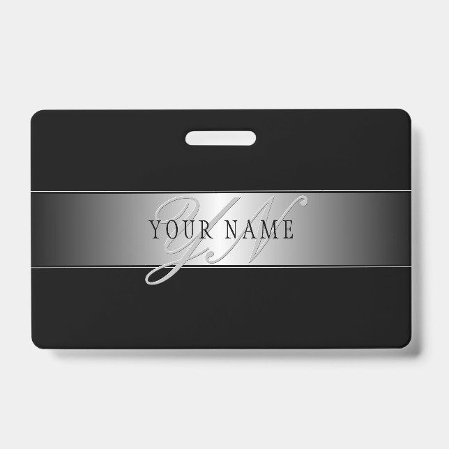 Elegant Editable Monogram Script Writing | Black ID Badge (Front)