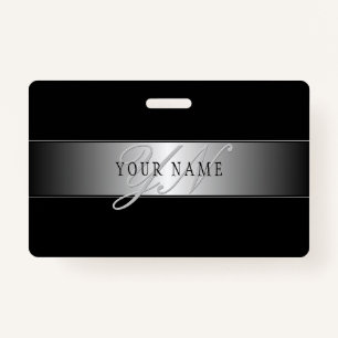 Elegant Editable Monogram Script Writing   Black ID Badge