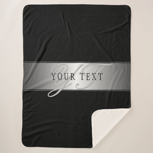 Elegant Editable Monogram Script Writing | Black Sherpa Blanket (Front)