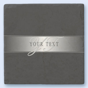 Elegant Editable Monogram Script Writing Black Stone Coaster