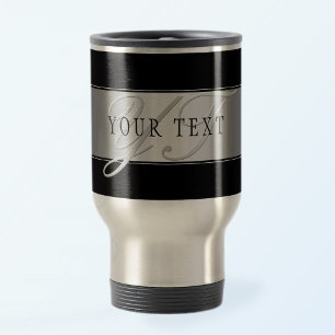 Elegant Editable Monogram Script Writing Black Travel Mug