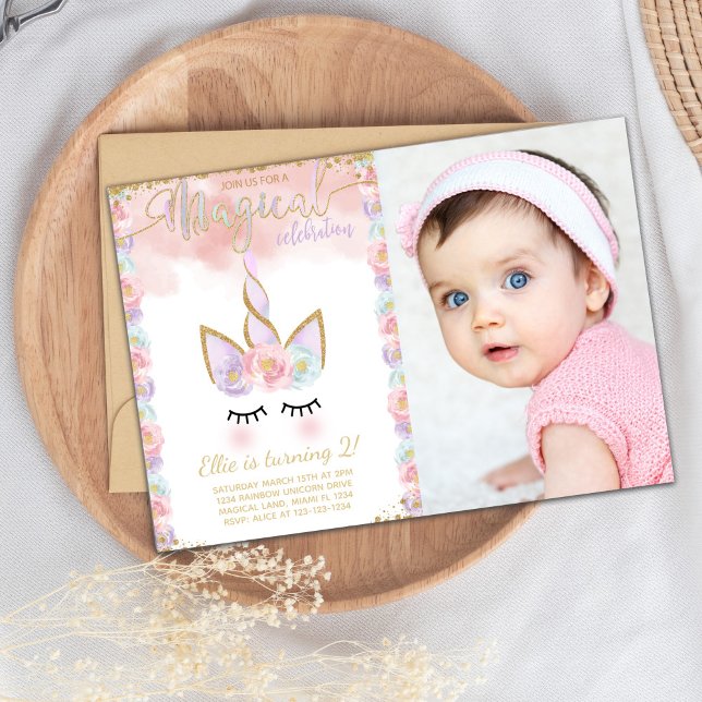 Elegant Editable Party Invite (Copper Color Unicorn Birthday Invitations)