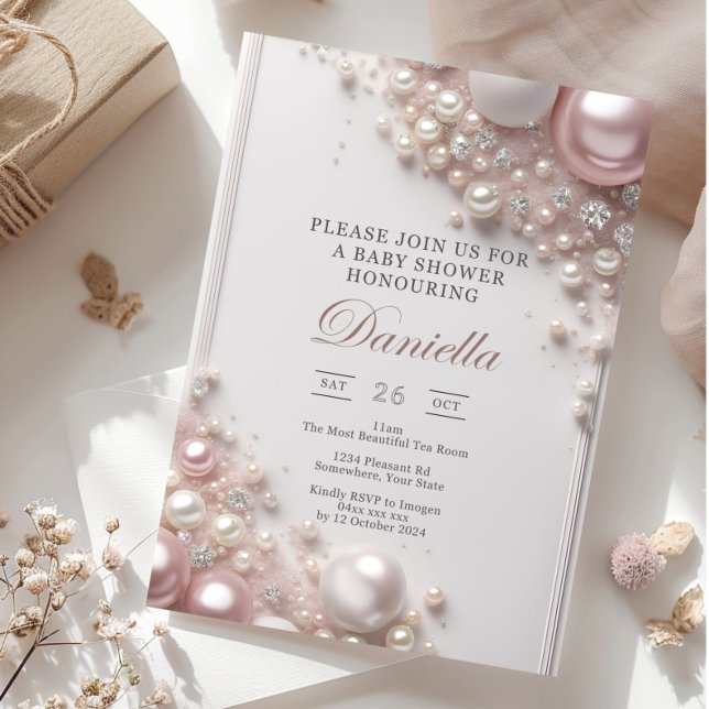 Elegant Editable Pink and White Pearls with Diamon Invitation (Creator Uploaded)