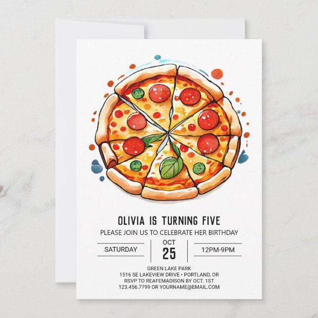 Elegant Editable Pizza Birthday Invitation (Front)