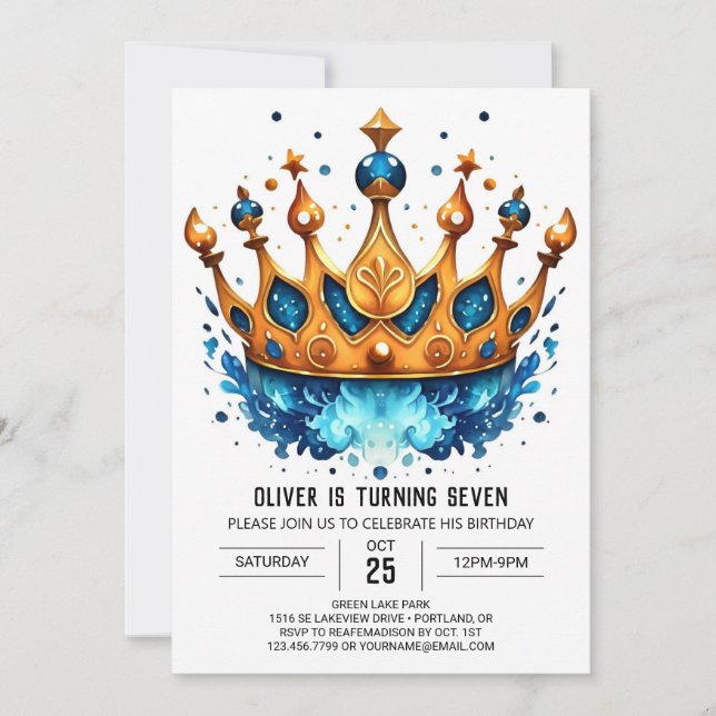 Elegant Editable Prince Crown Birthday Invitation (Front)