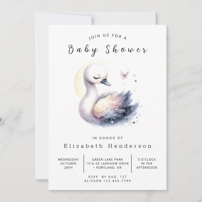 Elegant Editable Swan Baby Shower Invitation (Front)