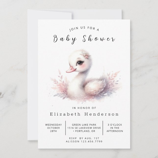 Elegant Editable Swan Baby Shower Invitation (Front)