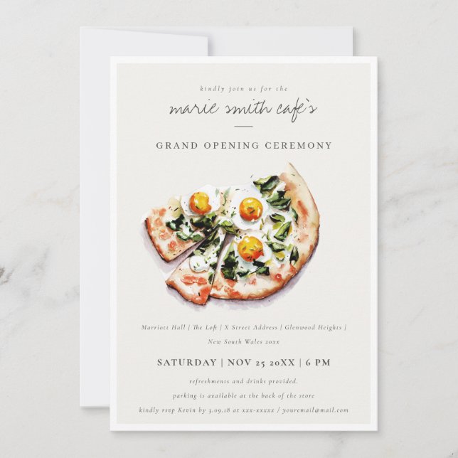 Elegant Egg Basil Pizza Café Grand Opening Invite (Front)