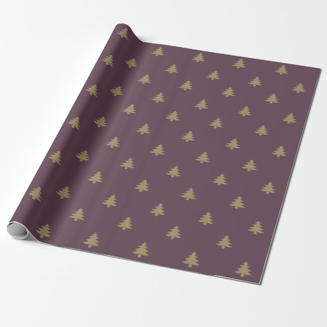Elegant eggplant gold Christmas trees pattern Wrapping Paper (Unrolled)