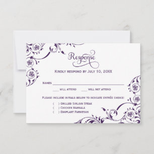 Elegant Eggplant Purple Scrolls Wedding RSVP Card