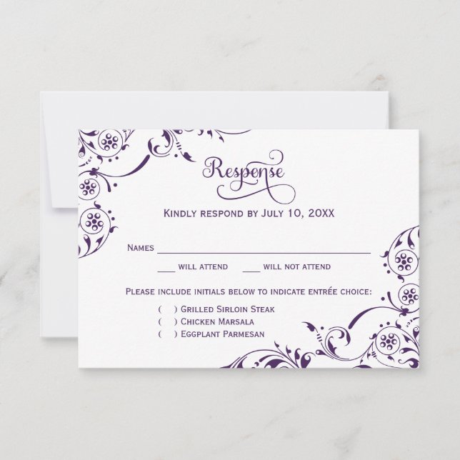 Elegant Eggplant Purple Scrolls Wedding RSVP Card (Front)