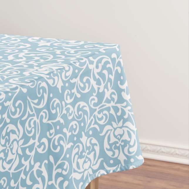 Elegant Eggshell Blue Tudor Gardens Floral Damask Tablecloth (In Situ)