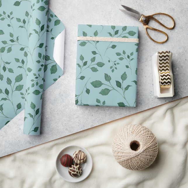 Elegant Eggshell Blue Watercolor Foliage Pattern Wrapping Paper (Crafts)