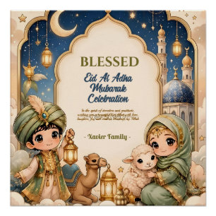 Elegant Eid Al Adha Cute Kids Golden Lantern Poster