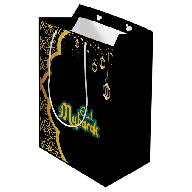 Elegant Eid Mubarak Black Gold  Medium Gift Bag (Back Angled)