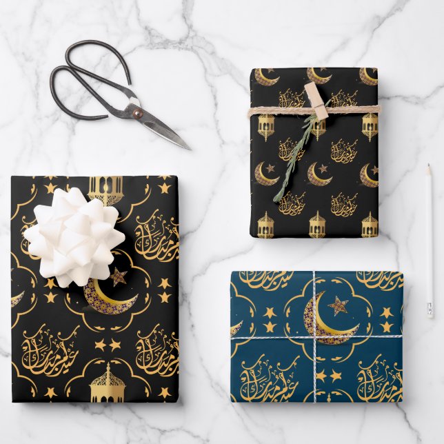 Elegant Eid Mubarak Calligraphy gold black blue Wrapping Paper Sheet (Front)