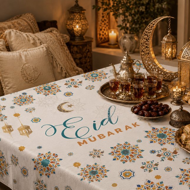 Elegant Eid Mubarak Calligraphy Moon Stars  Tablecloth (Elegant Eid Mubarak Calligraphy Moon Stars Tablecloth)