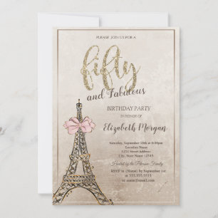 Elegant Eiffel Tower Bow 50th Birthday Invitation