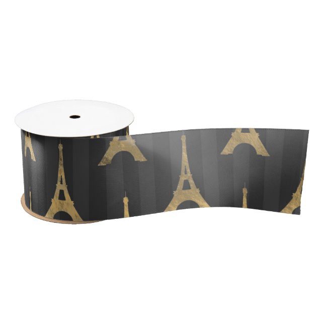 Elegant Eiffel Tower France Yellow Black Vertical Satin Ribbon (Spool)