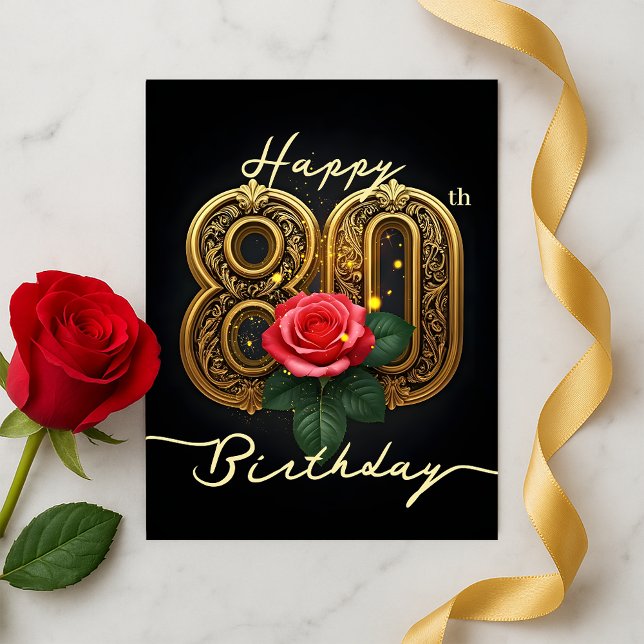 Elegant Eightieth Gold Flourish Pink Rose Birthday Postcard (Creator Uploaded)
