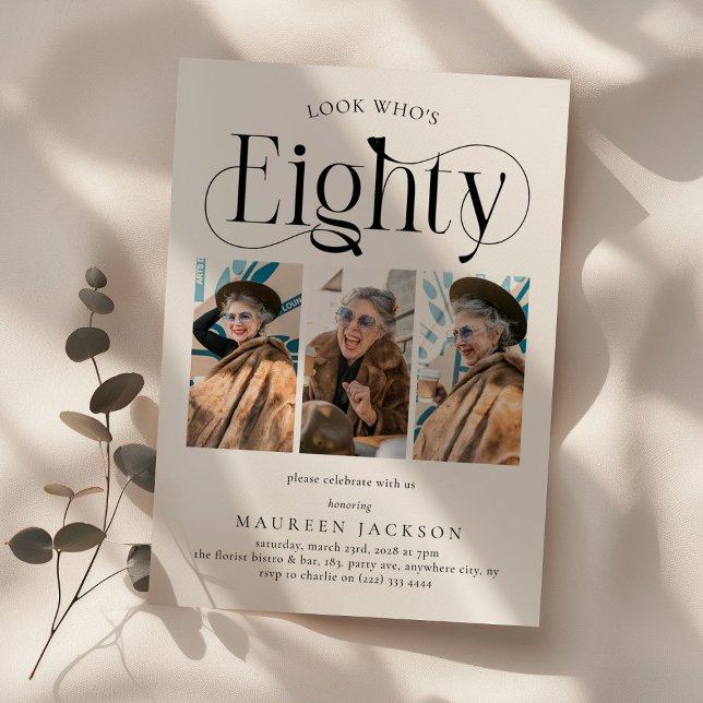 Elegant EIGHTY 3 photo collage 80th Birthday Invitation (Creator Uploaded)