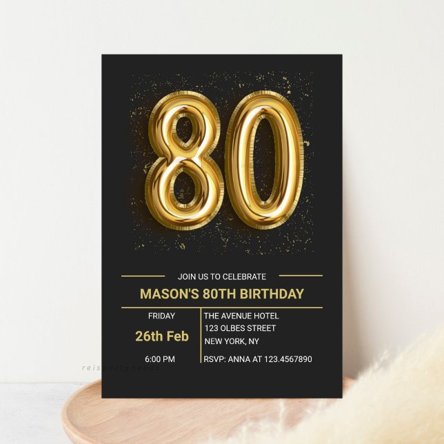 Elegant Eighty Black Gold 80th Birthday Party Invitation (Editable 80th Birthday Invitation, Gold and Black, Elegant Eighty Invitation, Glitter Sparkle, 80 Ye)