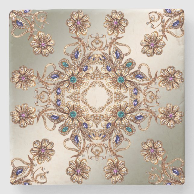 Elegant Elegant Gold Jewel Flowers Stone Coaster (Front)