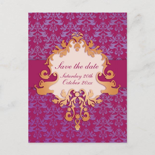 Elegant elephant save the date purple/gold card (Front)